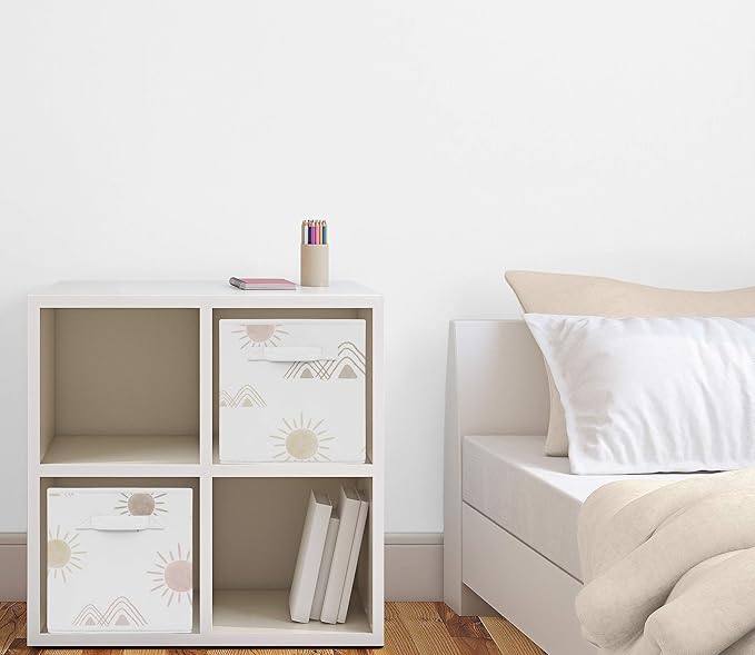 Sweet Jojo Designs Boho Desert Sun Foldable Fabric Storage Cube Bins Boxes Organizer Toys Kids Baby Childrens - Set of 2 - Blush Pink Mauve Gold Taupe Bohemian Watercolor Mountains Southwest