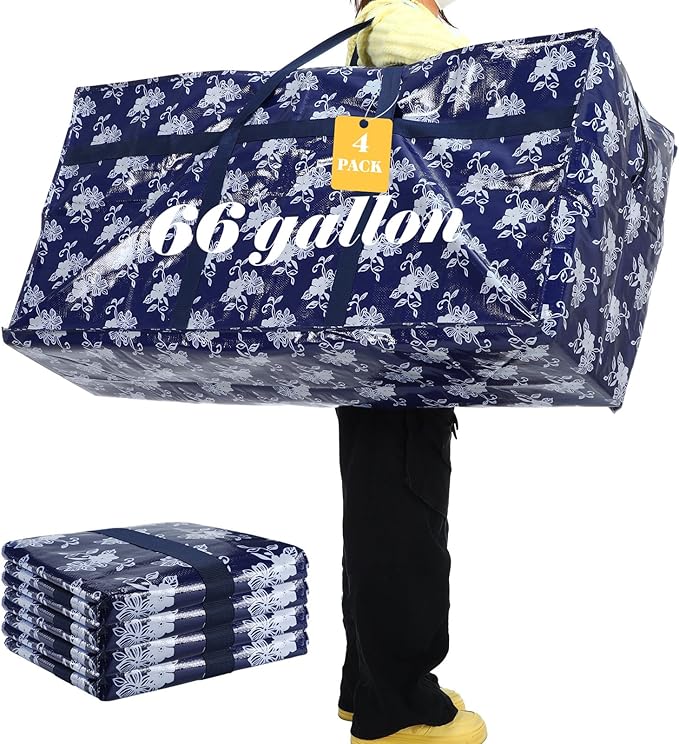4 Pcs 66 Gallon Large Moving Bags with Zipper and Handles Christmas Tree Bags Foldable Heavy Duty XXL Totes for Christmas 4ft 5ft Tree Skeleton Blankets Storage(Printed)