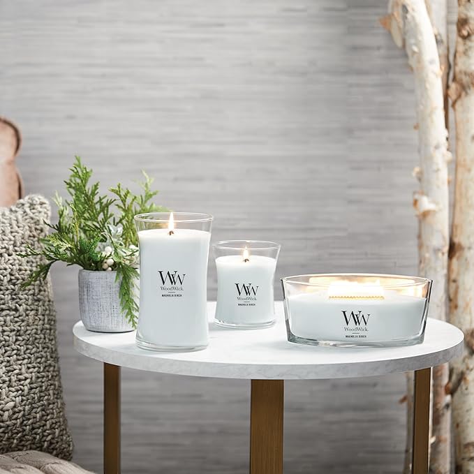 WoodWick Magnolia Birch Holiday Candle Gifts for Women and Men, 9.7 oz Medium Hourglass Candle with Crackling Wick