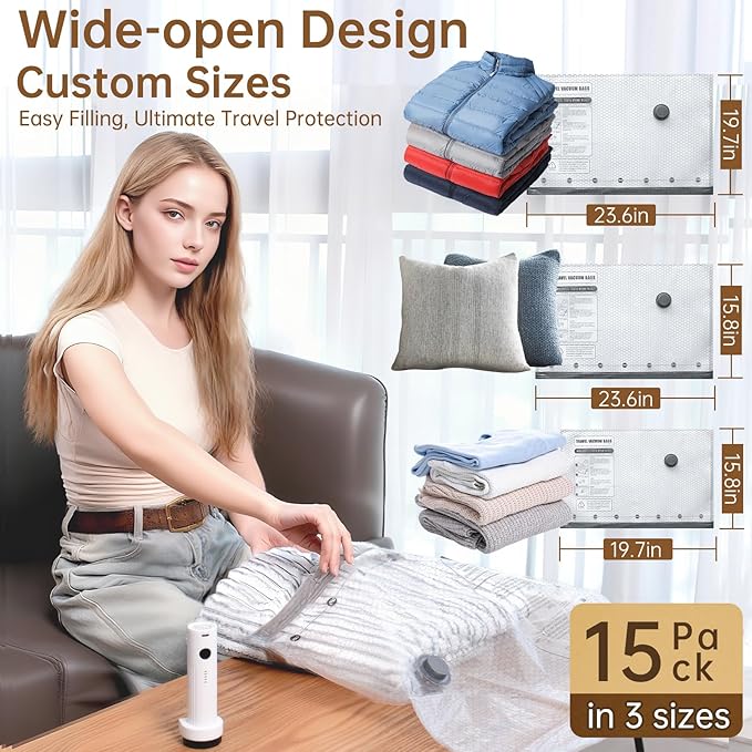 Vacuum Bags for Travel with Wireless Rechargeable Pump, 15 Pack Carry-on Size Compression Packing Seal Bags for Luggage and Suitcase, Space Saver Vacuum Storage Bags for Clothes and Clothing Travel