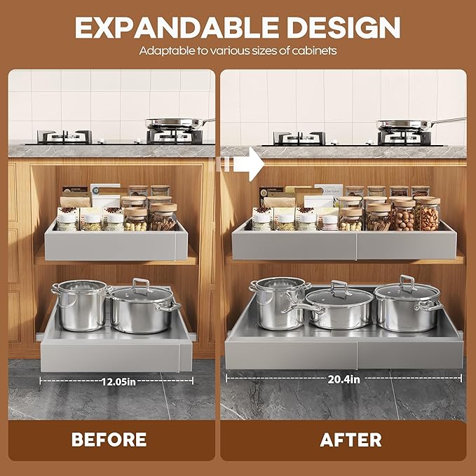 4Pack Expandable Pull Out Cabinet Organizer 21" Deep with Raising Pad for Framed Cabinets,Slide Out Drawers with 4pcs Divider Racks,Roll Out Shelves,Adjustable Width 12.05"-20.4" Silver