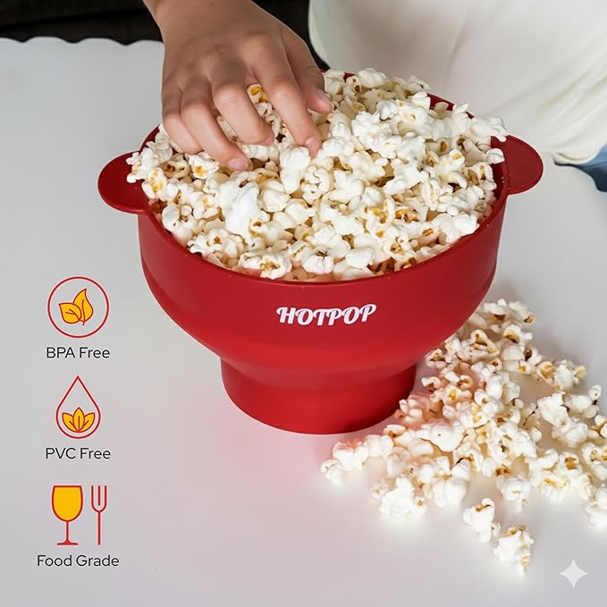 The Original HotPop Silicone Popcorn Maker - Microwave Popcorn Popper - Collapsible Bowl, Heat-Resistant, Easy to Clean, Ideal for Family Movie Nights, 15-Cup Capacity - Cherry (Pack of 2)