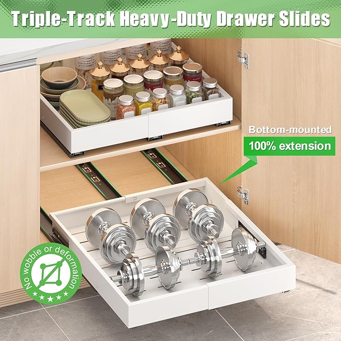1 Pcs Pull Out Drawers for Cabinets Organizer Expandable Width(11.8"-19.4"), Depth(16.45"-21.7") With 3 Rails, No Drill Roll Out Drawer, Adhesive Sliding Drawers