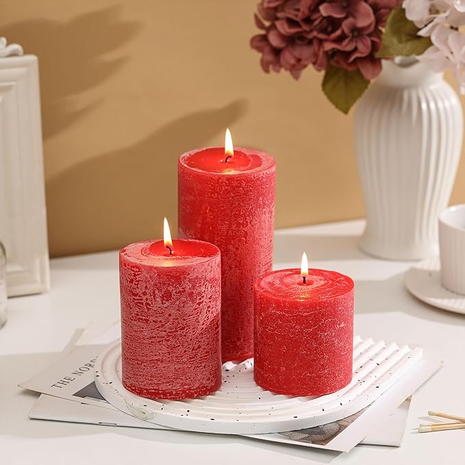 3x3 Inch Bright Red Pillar Candles Set of 3 - Hand-Poured Unscented Candles, Long Clean Burning, Large Big Candle, Smokeless Dripless Candle for Dinner Table, Wedding, Home, Rustic Decor