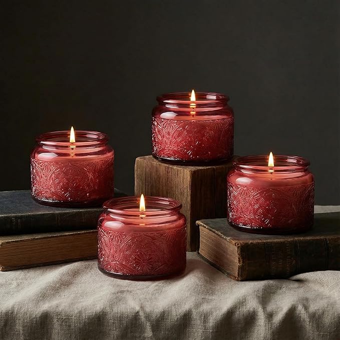 18-Pack 4oz Embossed Glass Candle Container with Bamboo Lids and Labels, Red Candle Jars for Making Candles, Mandala Design