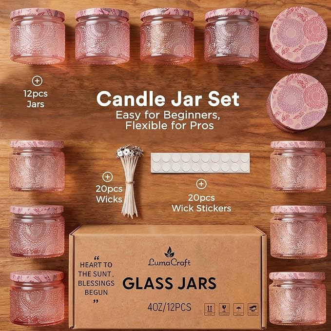 LumaCraft Luxury Embossed Glass Candle Jars for Making Candles - 12 Pack Empty Candle Containers with Airtight Metal Lids, 20 Wicks & 20 Stickers, Colored Glass Jars for Gifts & Decor-4OZ