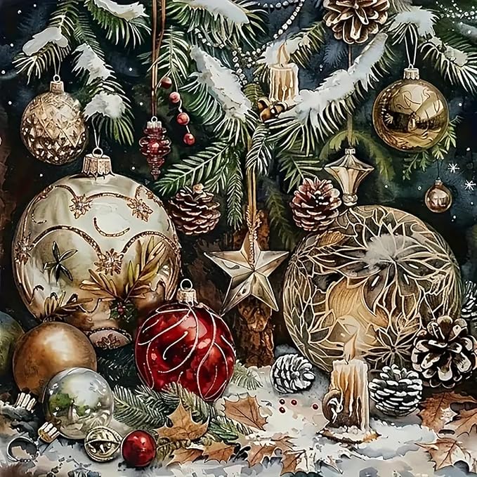 Christmas Ball Candle Diamond Art Painting Kits for Adults, Winter Diamond Painting Kits for Adults Beginners, 5D DIY Full Drill Diamond Dot Gem Art Kits for Adult, Home Wall Decor 13.8x13.8 Inch