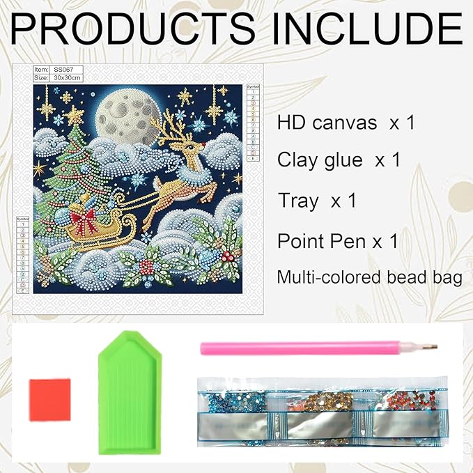 antor Christmas Diamond Painting Kit, 5D Special Shape Diamond Art for Adults, Reindeer Pulling Sleigh at Night DIY Crystal Rhinestones Diamond Painting, Holiday Wall Decor, Winter Home Decoration