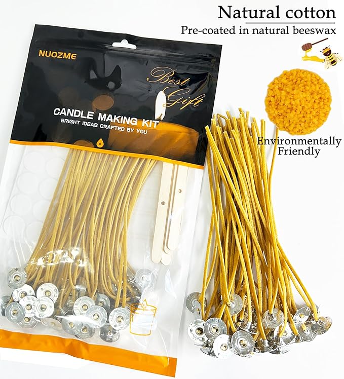 50 Pcs 8" Natural Candle Wicks,Pre-Waxed by Natural Beeswax & Tabbed with 60Pcs Candle Wick Stickers and 5 Pcs Wooden Candle Wick Centering Device, for Candle Making，Candle DIY