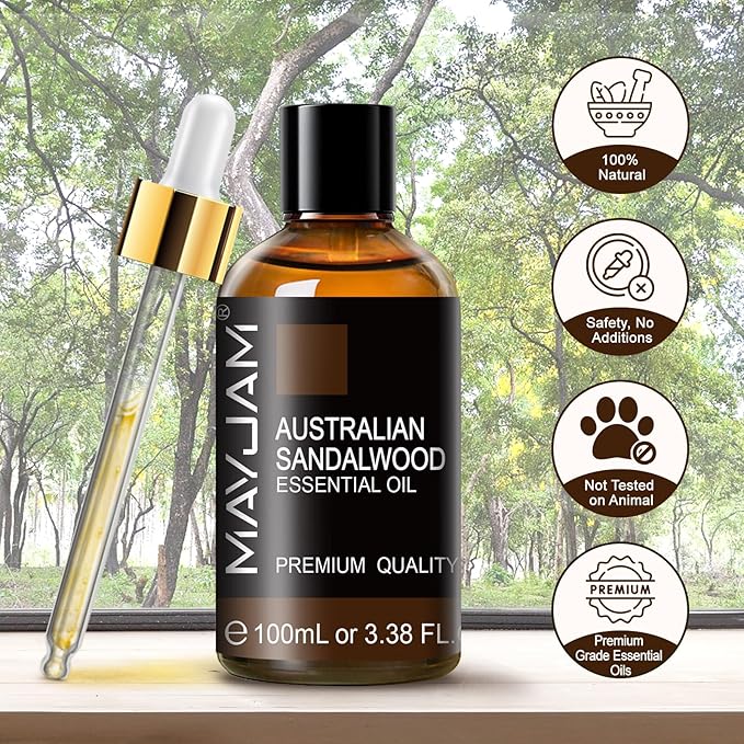MAYJAM Australian Sandalwood Essential Oils 3.38 FL.OZ Pure Australian Sandalwood Oil for Massage Skin Care Hair Care Diffuser Candle and Soap Making - 100ml