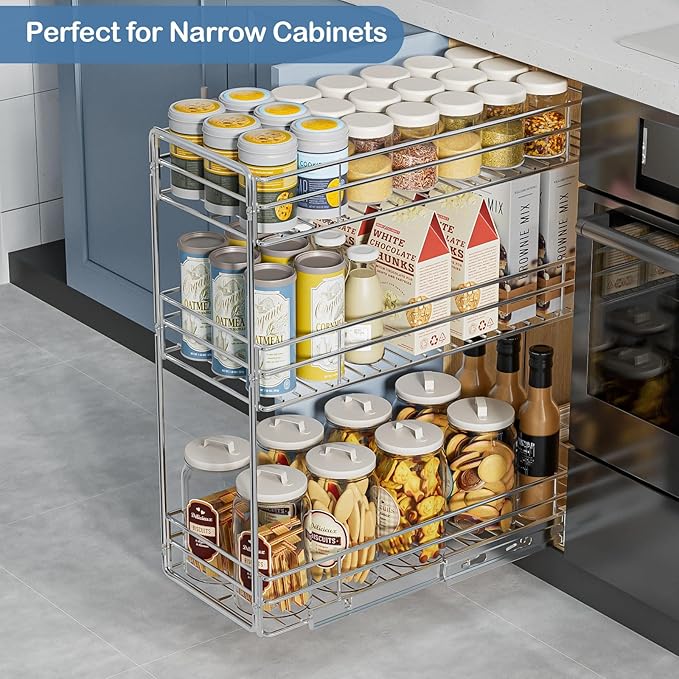 ROOMTEC 3-Tier Pull Out Cabinet Organizer for Narrow Cabinet (8.5" W X 20.5" D), Kitchen Cabinet Organizer and Storage Cabinet Pull Out Shelves Under Cabinet Storage for Kitchen, Chrome