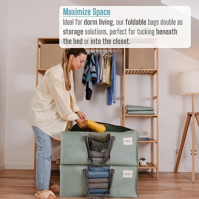 VENO 4 Pack Heavy Duty Moving Bags, Christmas Storage Bins with Lids, Transparent Window Design, Alternative to Moving Boxes, Storage Bags for Clothes, Blankets, Comforters (Shiny Light Green, 4 Pack)