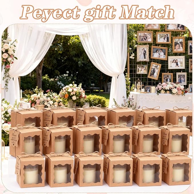 Lemecima 50 Set Candle Gift Box Transparent Gift Packaging Box for 4-10 oz Candles 50 Paper Thank You Tag with Ropes for Wedding Birthday Baby Shower Party Favor, 3.35 x 3.35 x 3.94 in (Brown)