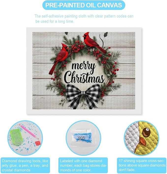 AIVKIEJK Diamond Painting Kits for Adults - Christmas Red Cardinal Birds Wreath Painting DIY 5D Full Drill Diamond Dots Paintings with Diamonds Gem Art and Crafts Home Decor 12"x16"