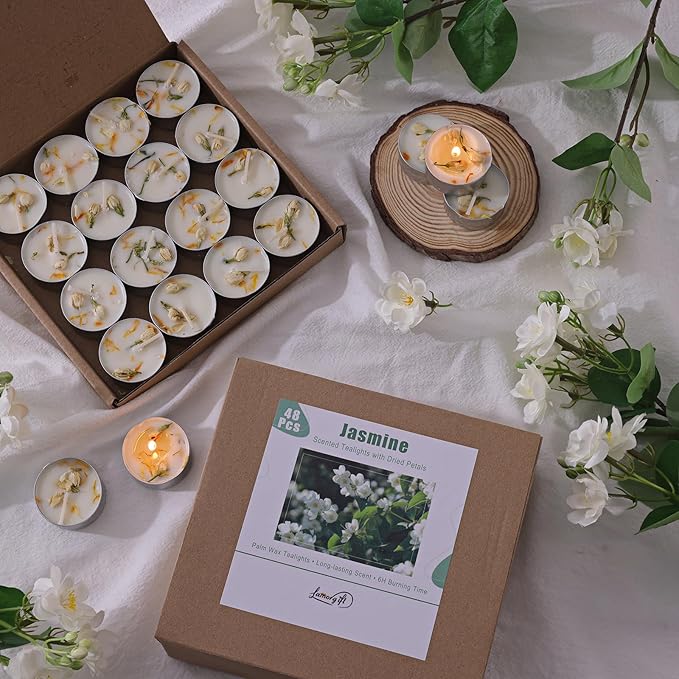 LAMORGIFT 48 Count Jasmine Scented Tealight Candles, 6H Long Burning with Dried Flowers, Non-Toxic/Smokeless, Palm Wax Based, Perfect for Spa, Bath, Wedding