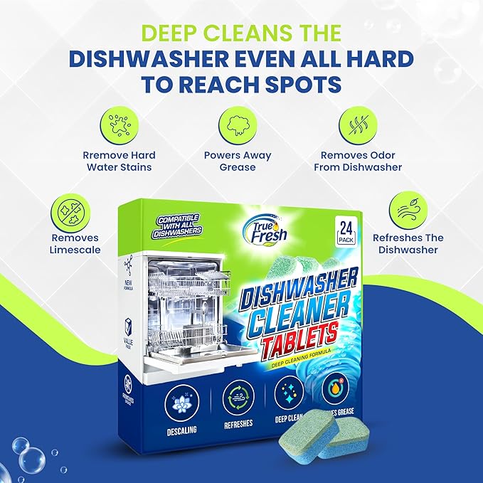 True Fresh Dishwasher Cleaner & Deodorizer Tablets, 24-Pack Dishwasher Maintenance Tablets for Interior, Pump, Filter, Spray arm & Drain, Helps Remove Grease, Limescale & Mineral Buildup 1-Year Supply