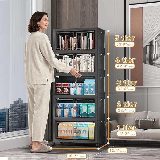 Stackable Storage Bins with Lids, 275QT Closet Organizers and Storage with Doors and Wheels, Extra Large Storage Cabinet, Collapsible Plastic Drawers for Bedroom Kitchen Office Garage