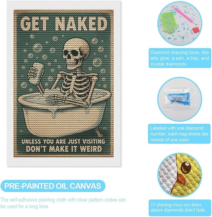 KIVJMSIDJA Diamond Art Kits for Adults Skull —Get Naked Unless You are Just Visiting DIY Round Diamond Art for Home Wall Decor & Crafts Gifts 8"x12"