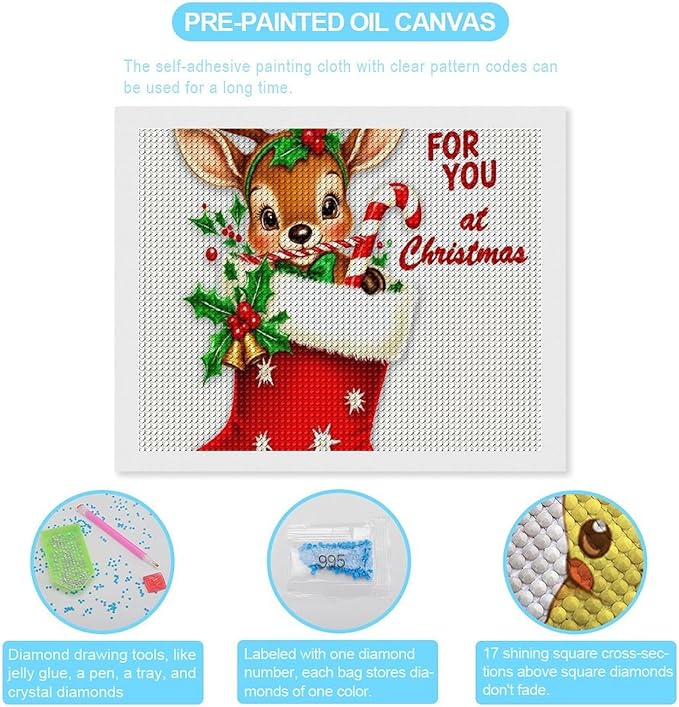 AIVKIEJK Diamond Painting Kits for Adults - Deer Sugar Bell Holiday Christmas Painting DIY 5D Full Drill Diamond Dots Paintings with Diamonds Gem Art and Crafts Home Decor 16"x20"