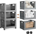 Stackable Storage Bins, Foldable Closet Organizers and Storage Bins Box, Plastic Shelves Drawer Organizer Container for Closet Office Bedroom Kitchen Bathroom with Wheels, Grey, 3 Pack