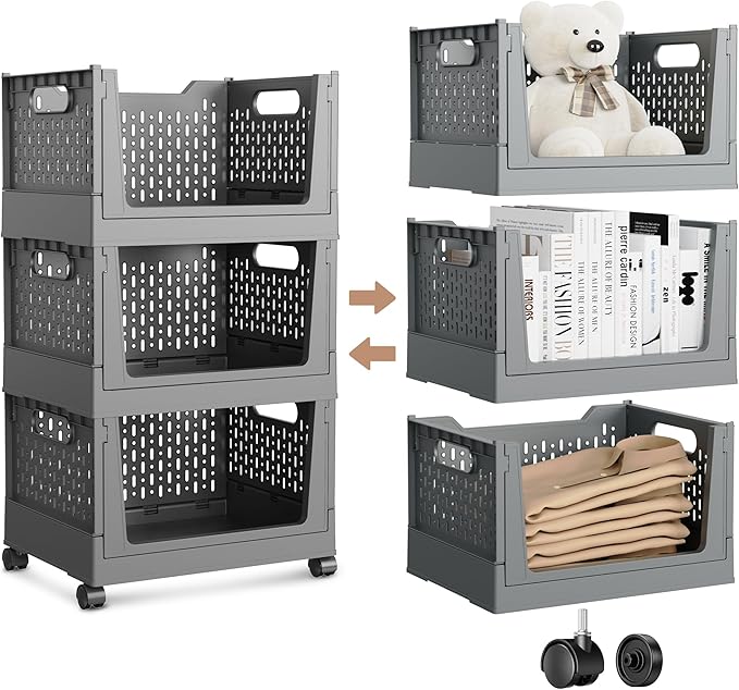 Stackable Storage Bins, Foldable Closet Organizers and Storage Bins Box, Plastic Shelves Drawer Organizer Container for Closet Office Bedroom Kitchen Bathroom with Wheels, Grey, 3 Pack