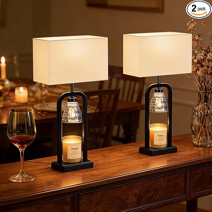 PoKat Bedside Table Lamps with Candle Warmer & Timer for Bedroom, Farmhouse Lamps Set of 2 for Night Stands, 21.5'' Bedroom Lamps Decor for Living Room, Side Table, Hallway, Bulbs Included, Black