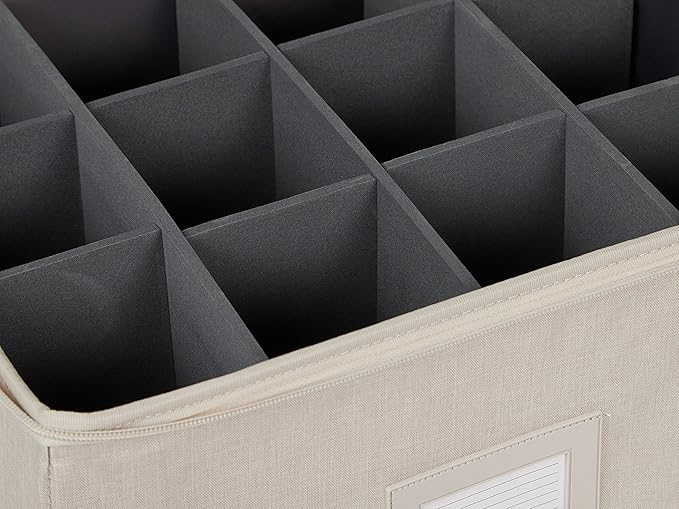 Covermates Cup and Mug Storage Box with Dividers, Stackable Organizer for Coffee Mugs & China Cups, Heavy-Duty Polyester with Handles, Zipper Closure & ID Window, Beige Heather