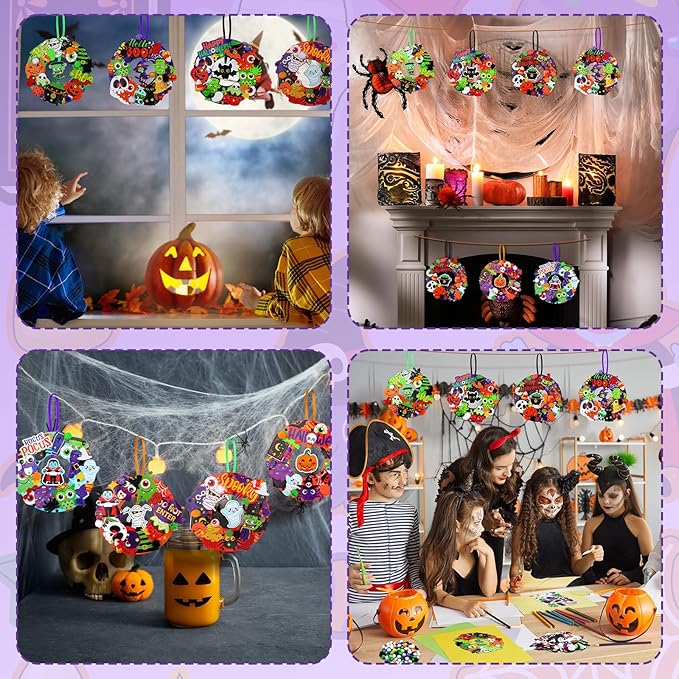 Hollowfly 48 Sets Halloween Wreath Craft Kits for Kids Foam Halloween Wreath Signs Craft Pumpkins Owl Ghost Witch Bats Monster Ornament Decorations Stickers for Art Favors Trick-or-treaters Door Decor