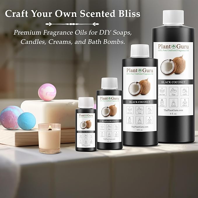 Black Coconut Fragrance Oil 4 fl. oz. Scented Oil for DIY Soap Making, Candles, Bath Bombs, Body Butters. Used in Aromatherapy Diffusers, Burners and Warmers. Great Addition to Lotions and Creams.