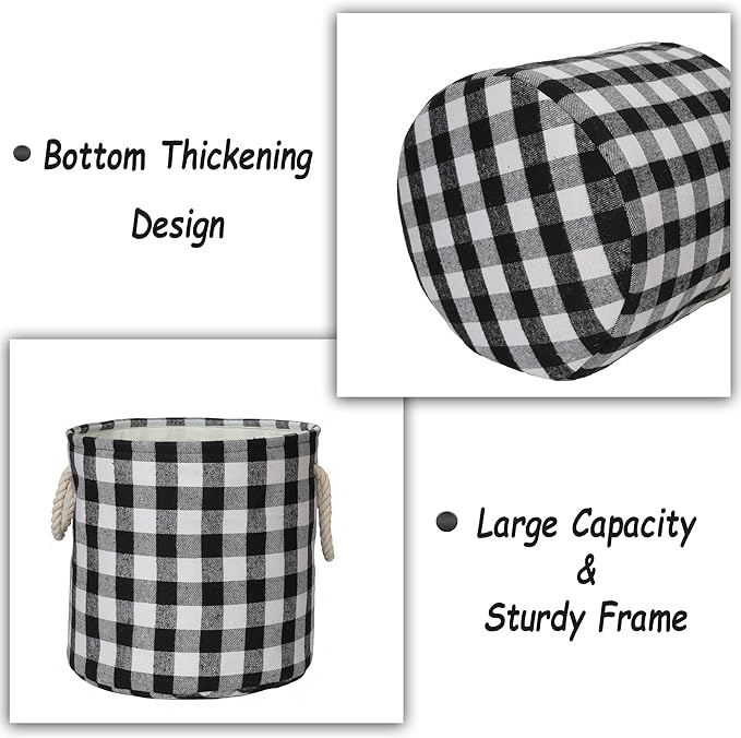 Round Collapsible Storage Organizer Bins Buffalo Checked Baskets with Woolen Fabric Kid's Pet's Toys and Accessory Storage Bins for Home Decor, White Black Grid, M