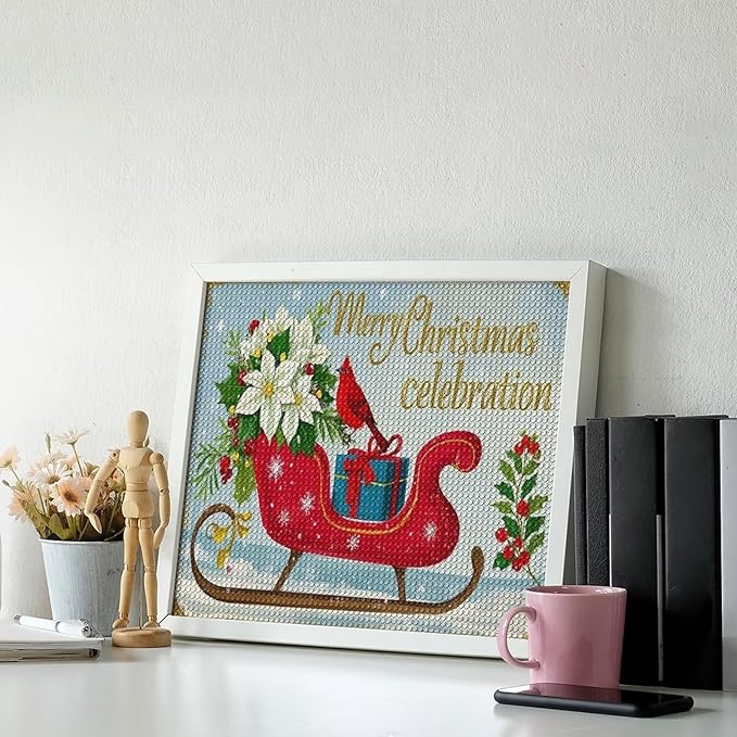 Diamond Painting Kits for Adults - Red Sleigh with Poinsettias, Cardinal Bird Merry Christmas Painting DIY 5D Full Drill Diamond Dots Paintings with Diamonds Gem Art And Crafts Home Decor 16"x20"