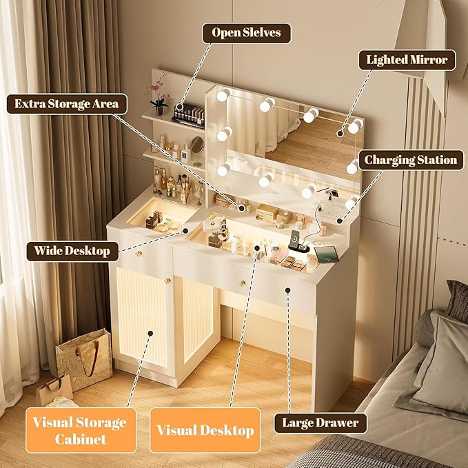 Vanity Desk with Mirror and Lights, Modern Glass Top Makeup Vanity Set with Power Outlet, Drawers and Cabinet, 3 Lighting Color Adjustable Dressing Table for Bedroom