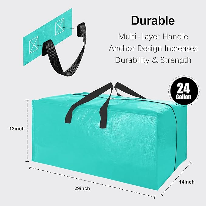 VELVETSURE 12 Pack Heavy Duty Large Moving Bags W/Backpack Straps - Strong Handles & Zippers, Storage Totes For Space Saving, Fold Flat, Alternative to Moving Box and Storage Bin, Aquamarine
