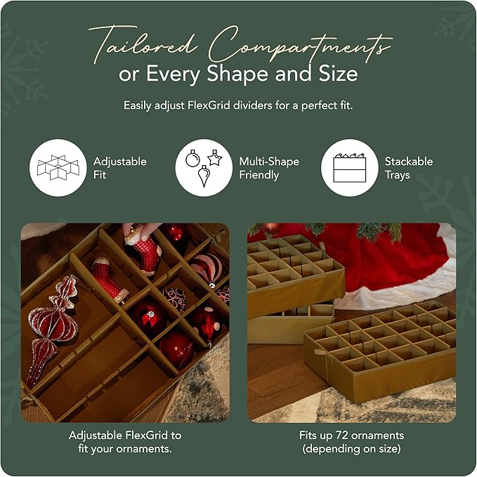 Covermates Keepsakes Adjustable Ornament Storage Bag – Heavy-Duty Polyester, Padded Dividers & FlexGrid Trays – Protective Holiday Ornament Organizer with Handles & Label Window, Red Snowflake