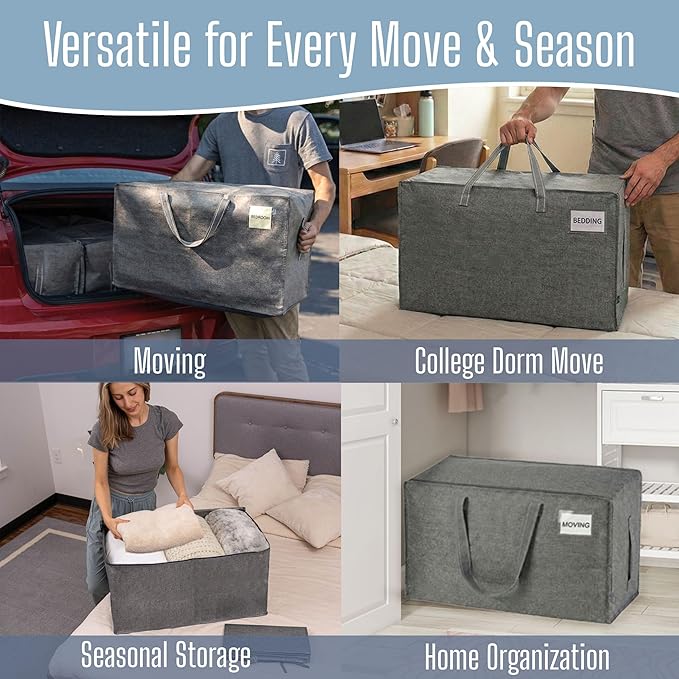 VENO 2 Pack Extra Large Heavy Duty Moving Bags with Wide Opening & Reinforced Handles, Reusable Storage Tote Bags with Strong Zippers for Clothes, College Dorm Essentials & Moving Supplies