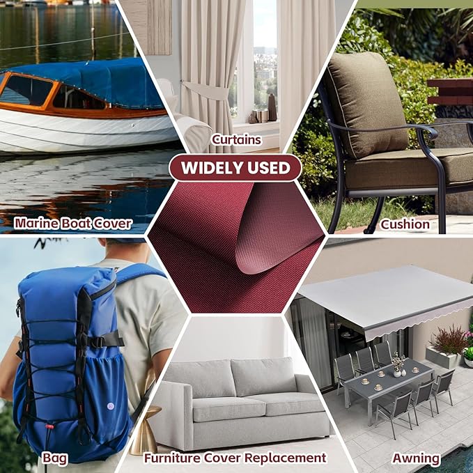 Waterproof Marine Canvas Fabric by The Yard 58"W 600D PVC Backing Water-Resistant Polyester Fabric Upholstery Material for Outdoor Indoor Marine Awning Tent Boat Furniture Cover DIY, 8 Yards Wine Red
