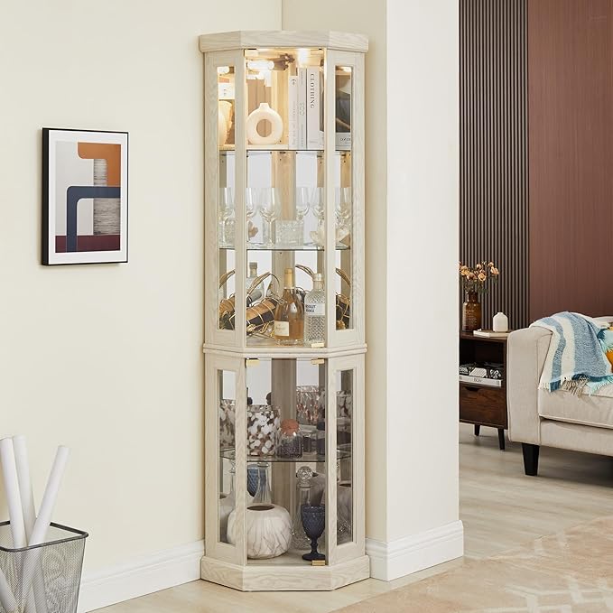 69" H Lighted Curio Cabinet Corner Display Case,Corner Glass Cabinet with Tempered Glass Door and Adjustable Shelves,Wooden Curio Case with Mirrored Back Pane (Style 2 - Antique White)