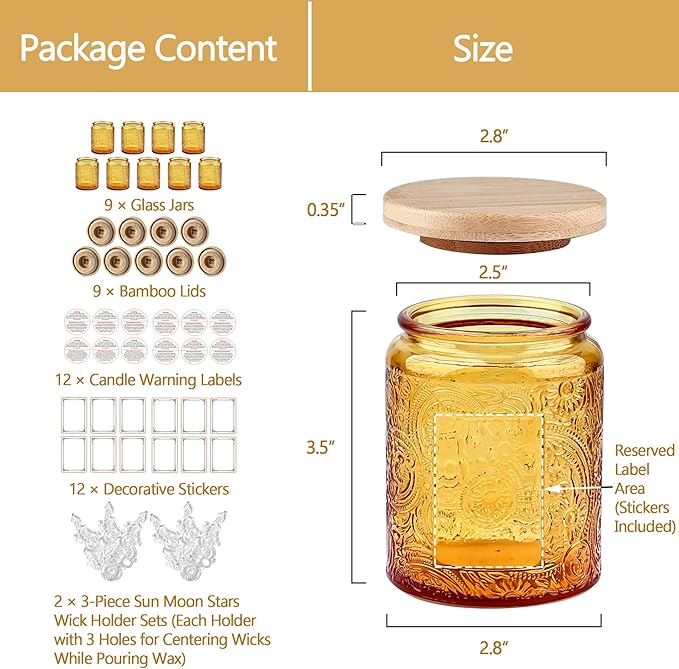 9-Pack 8oz Embossed Glass Candle Container with Bamboo Lids and Labels, Orange Candle Jars for Making Candles, Sun Moon Star Design