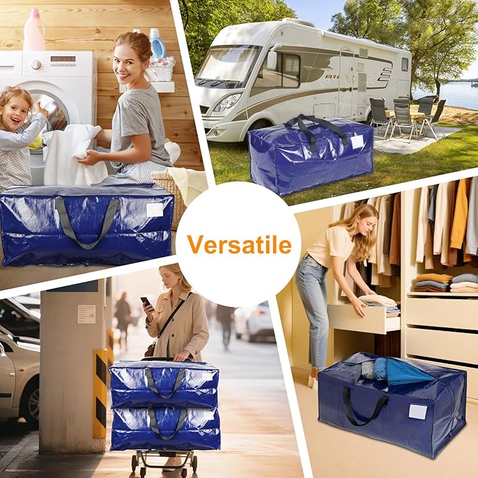 CHVEGLUZ 4 Packs Moving Bag Heavy Duty Extra Large,Storage Bags with Zipper&Handles, Sturdy&Durable Clothes Storage Bag Totes for College Dorm Essentials, Moving Boxes for College Supplies, Blue