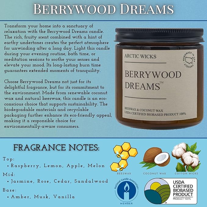 Berrywood Dreams Candle | Arctic Wicks 16oz Coconut & Beeswax Candles | Amber Scented Berry Candles for Fall, Winter, Holidays, Gifts, Non-Toxic, Sustainable | USDA Certified 100% Biobased