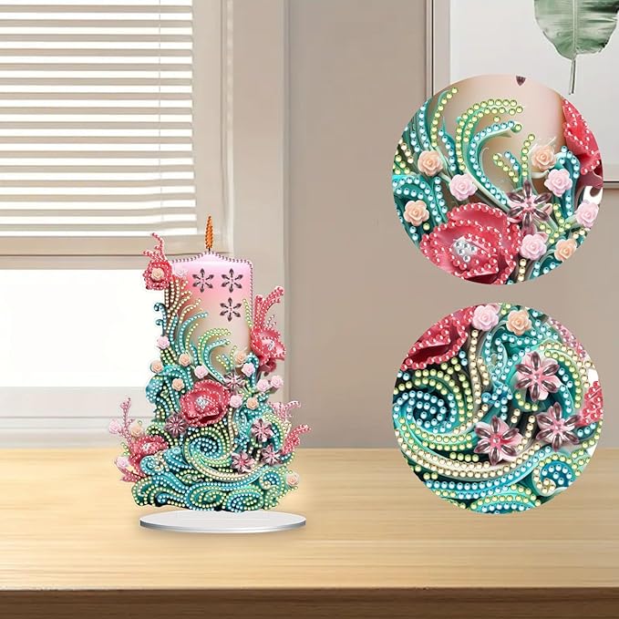 5D Diamond Art Candle Ornaments Kits, DIY Christmas Flower Candle Diamond Art Painting Desktop Ornament, Special Shaped Crystal Diamond Art Painting Tabletop Home Office Decor-03-Flower Candle