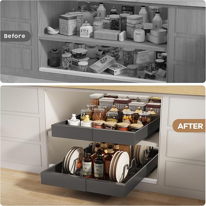 Seinloes 4 Pack Pull Out Cabinet Organizer 21" Deep with Raising Pad for Framed Cabinets, Expandable (9"-14" W) Slide Out Drawers for Kitchen Cabinets with 4pcs Divider Racks, Roll Out Shelves, Black