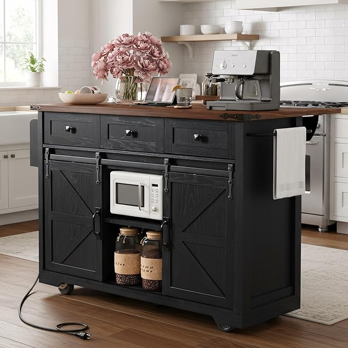 Amposei Farmhouse Kitchen Island on Wheels with Drop Leaf & Power Outlet, 53.7-Inch Rolling Storage Island Cart Breakfast Bar with Drawers, Sliding Barn Door Cabinets, Spice Rack (Black)