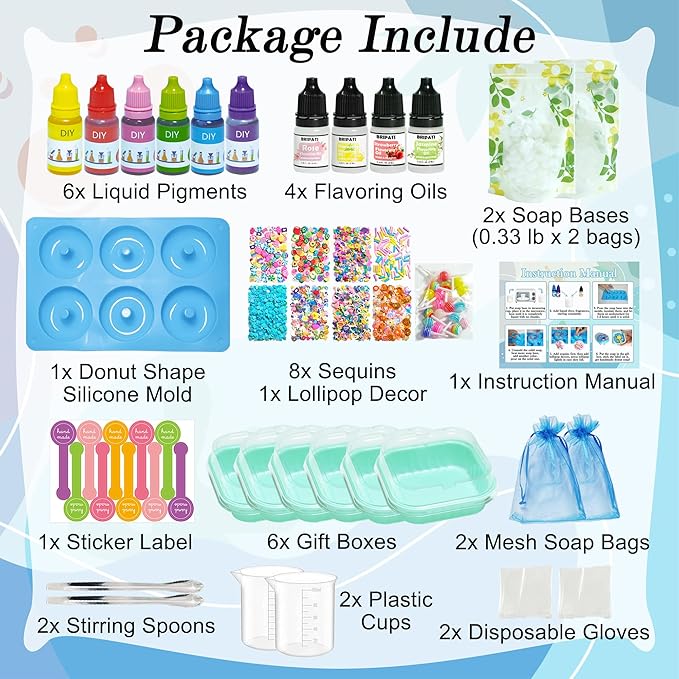 BRIPATI Soap DIY Making Kit - Soaps Crafts Supplies Set for Adults Include Soap Base, Silicone Donut Mold, Fragrance Oil, Liquid Dyes, Glitters, Birthday & Holiday Gift