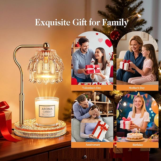 Candle Warmer Lamp with Timer Dimmer, Modern Wax Warmer for Scented Wax Jar Candle Warmer with 2 Bulbs, Adjustable Height Glass Lamp for Women, House Warming Gifts, Gold Amber