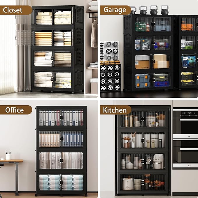 SAILUN 193Gal/772Qt Stackable Storage Bins Folding Collapsible Storage Bins with Lid, Closet Organizers and Storage Box with Door Black 33.5" W x 19" D x 69" H