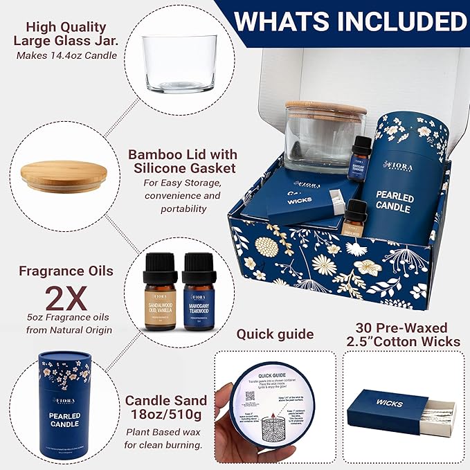 Pearled Candle Sand Mothers Day Gift for Mom, 18oz Sand Wax, 30 Wicks, 2X Natural Fragrance Oils + Large Glass Jar Included, Smoke Free Powder Snow Candles, Upto 120 Hours Burn Time, Candle Making Kit
