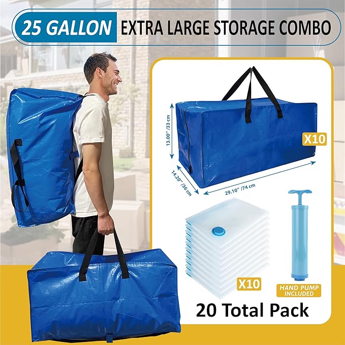 20 Pack Heavy Duty Extra Large Moving Bags with Backpack Straps & Vacuum Storage Bags, Moving Totes with Handles for Space Saving, Christmas Storage Bags for Wreaths, Garlands, Decoration & Ornaments