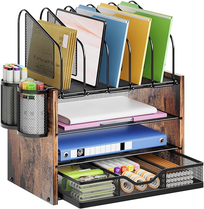 Marbrasse Desk Organizer with Drawer, 4-Tier Wooden File Organizer with 5 Vertical File Holders and 2 Pen Holders, Desk Organizers and Accessories for Home Office - Dark Brown
