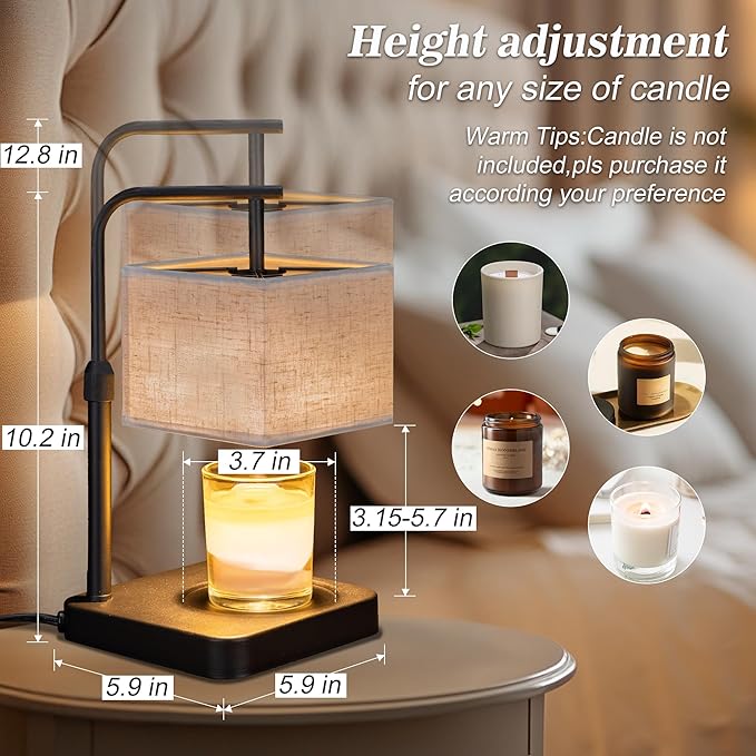 MOAFINA Candle Warmer Lamp with Timer & Dimmable, Height Adjustable Wax Warmer with Linen Shade & 2 Extra Bulbs, Flameless Candle Melter for Jar Candles, Gifts & Bedroom Decor